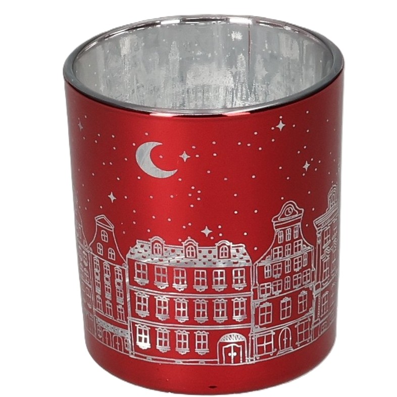 Teelichtglas GL D7 H8cm Häuser rot